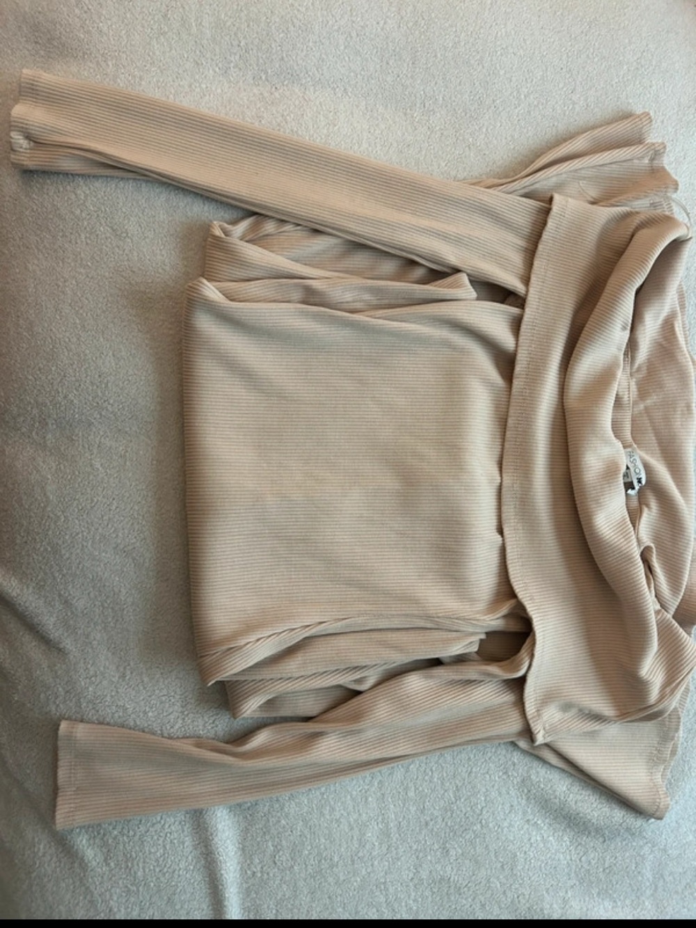 Fashion Nova Ribbed Off-Shoulder Top in Beige